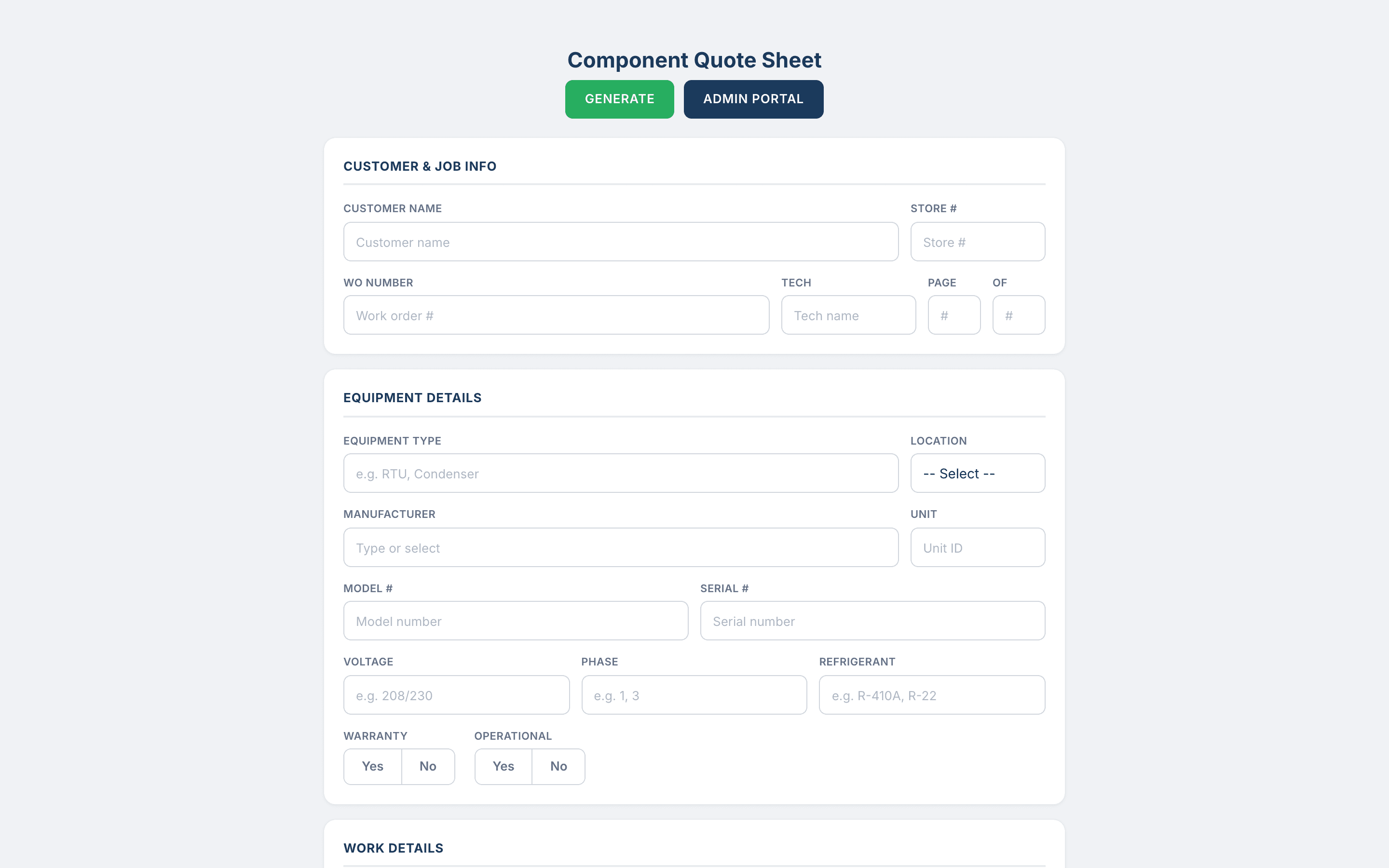 Component Quote Sheet